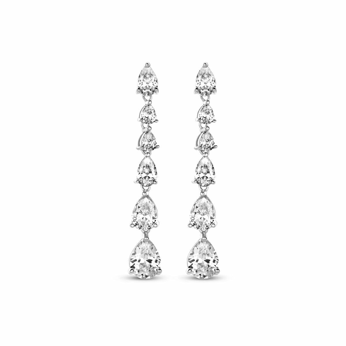 Pendientes largos de zirconia de 42 mm en plata rodiada con diseño en forma de gota.