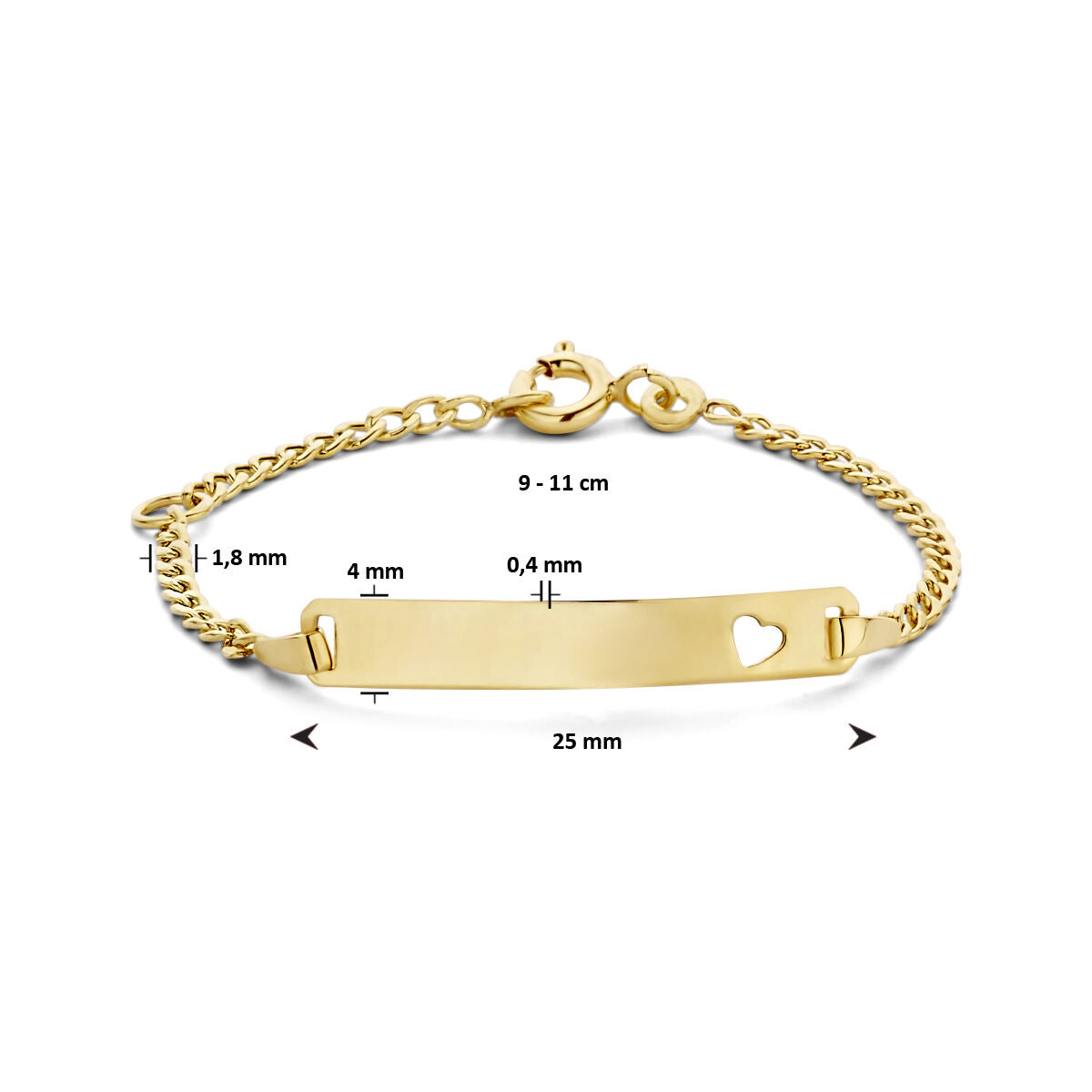 pulsera de grabado corazón placa 4,0 mm 9 quilates