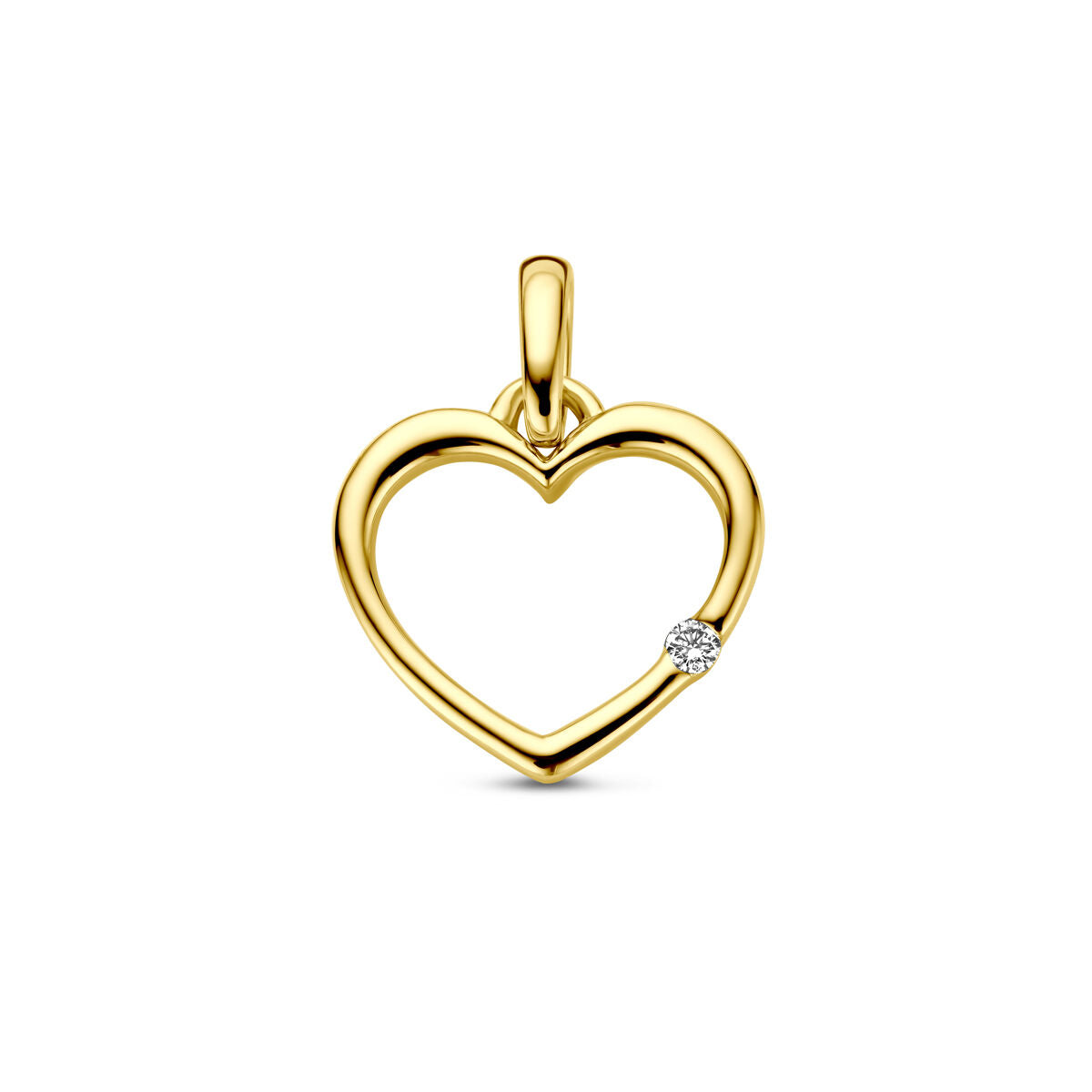 Colgante en forma de corazón de oro amarillo de 14K con un diamante de 0.01 ct.