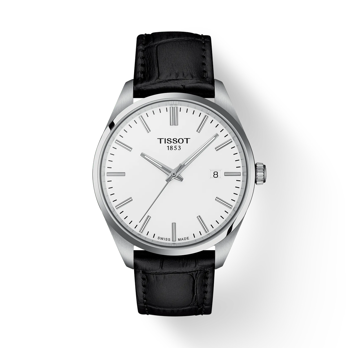 Reloj Tissot PR 100 de 40 mm con esfera blanca, caja de acero inoxidable y correa de cuero negra.