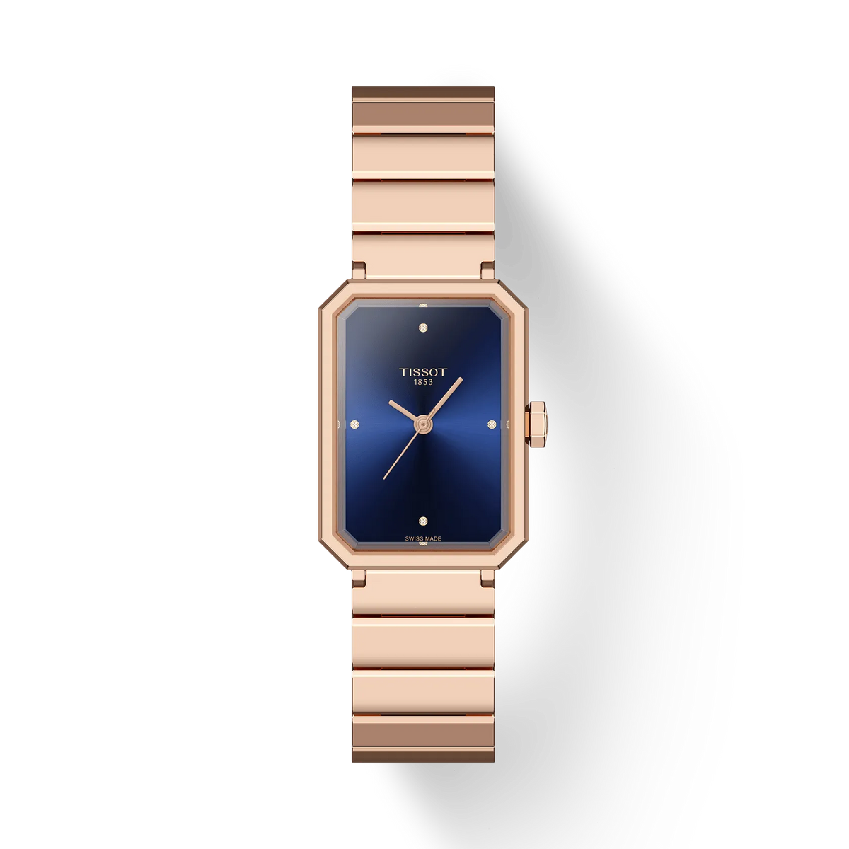 Reloj de dama Tissot SRV de 30 mm con caja rosa y esfera azul, correa de eslabones.