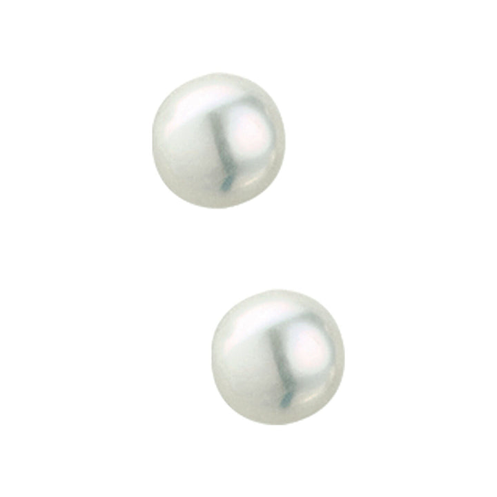 Twee ronde, witte zoetwaterparels met gladde oppervlakken en glanzende reflecties zijn verticaal afgebeeld op een witte achtergrond, ideaal om te zetten in Van der Kooij Collectie oorknoppen parel 14K geelgoud.