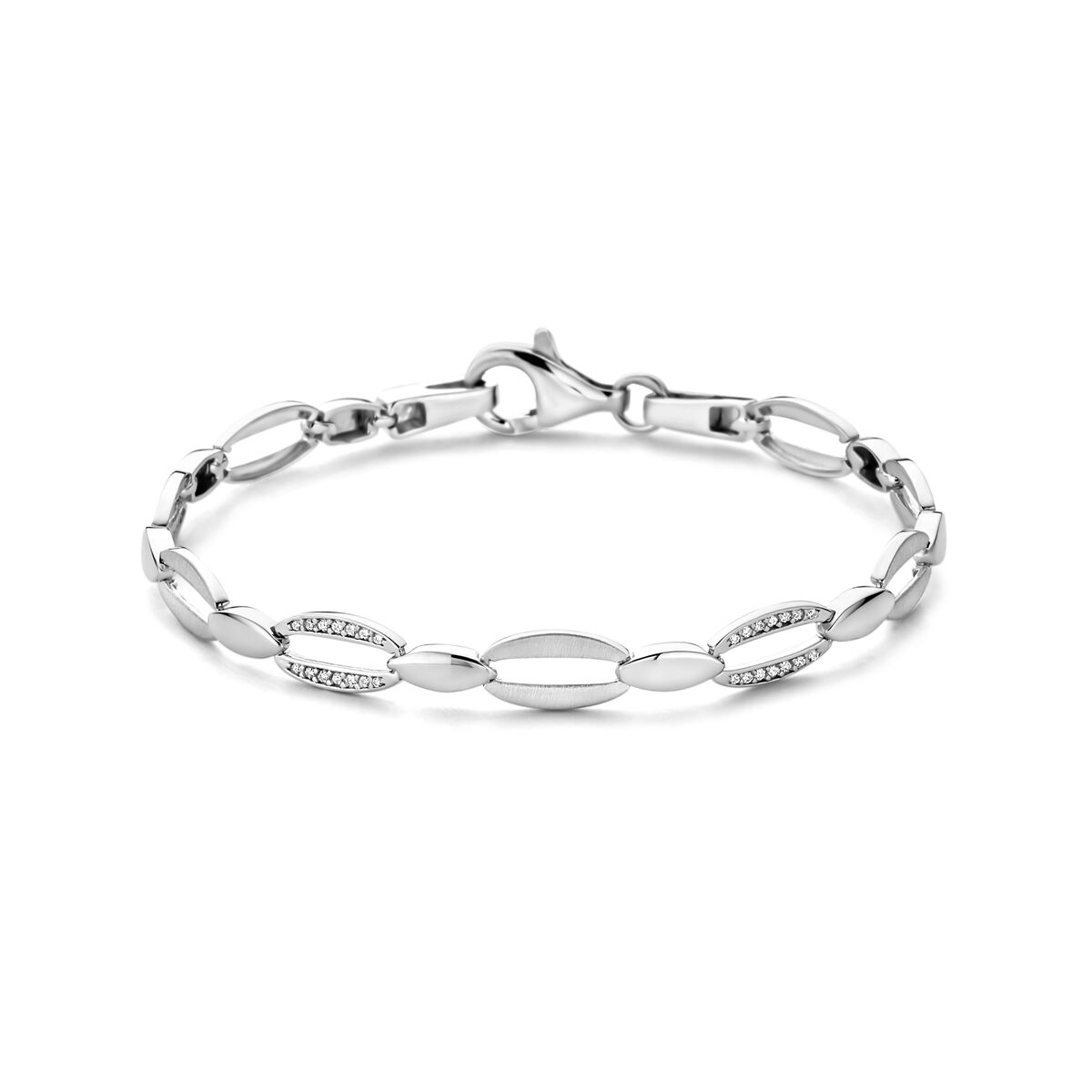Pulsera de plata con zircón, acabado pulido y mate, con eslabones ovalados.