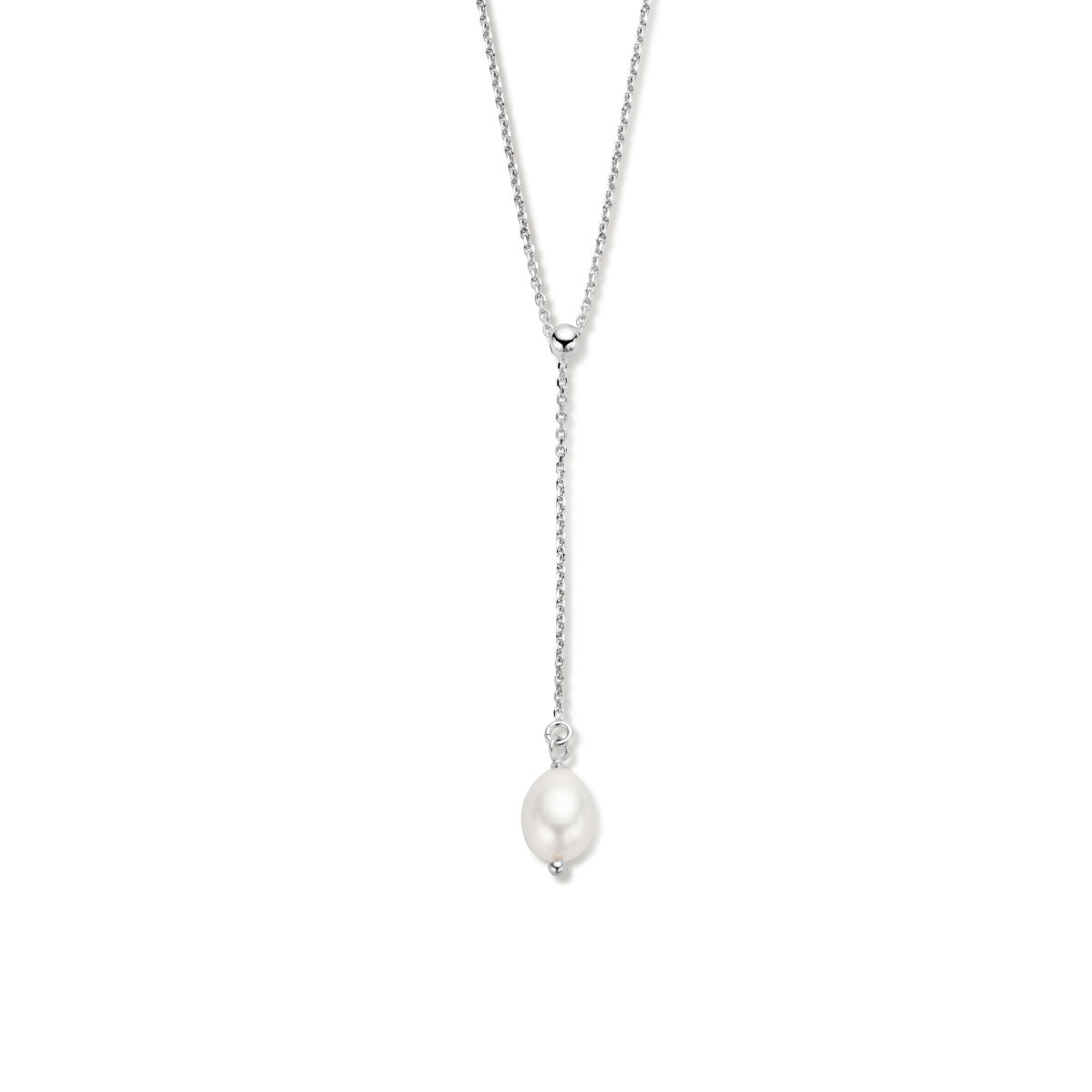 Collar y con perla en plata rodiada, con cadena trenzada de 45 + 5 cm de longitud.