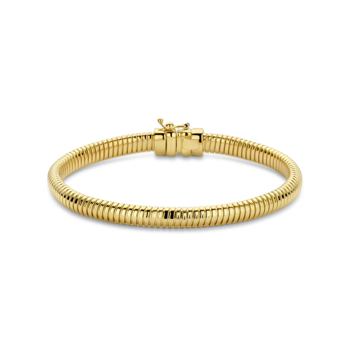 Pulsera de oro amarillo de 14K, diseño omega de 5,5 mm de ancho y 18,5 cm de largo.