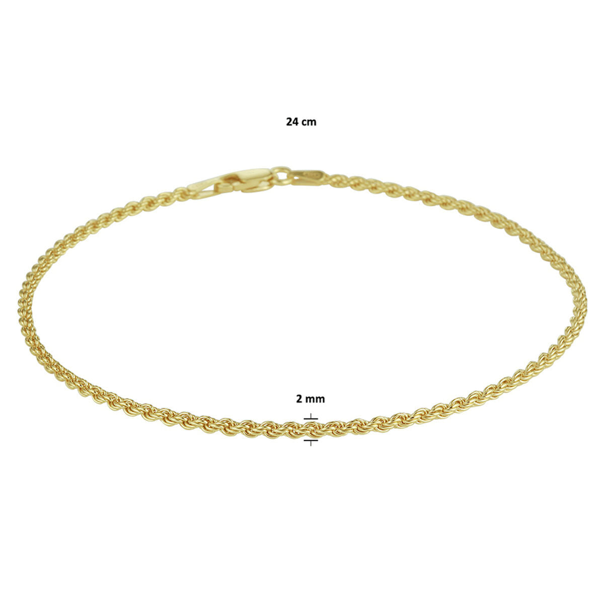 pulsera de cordón 2 mm 24 cm 3 micrones plata chapado en oro amarillo