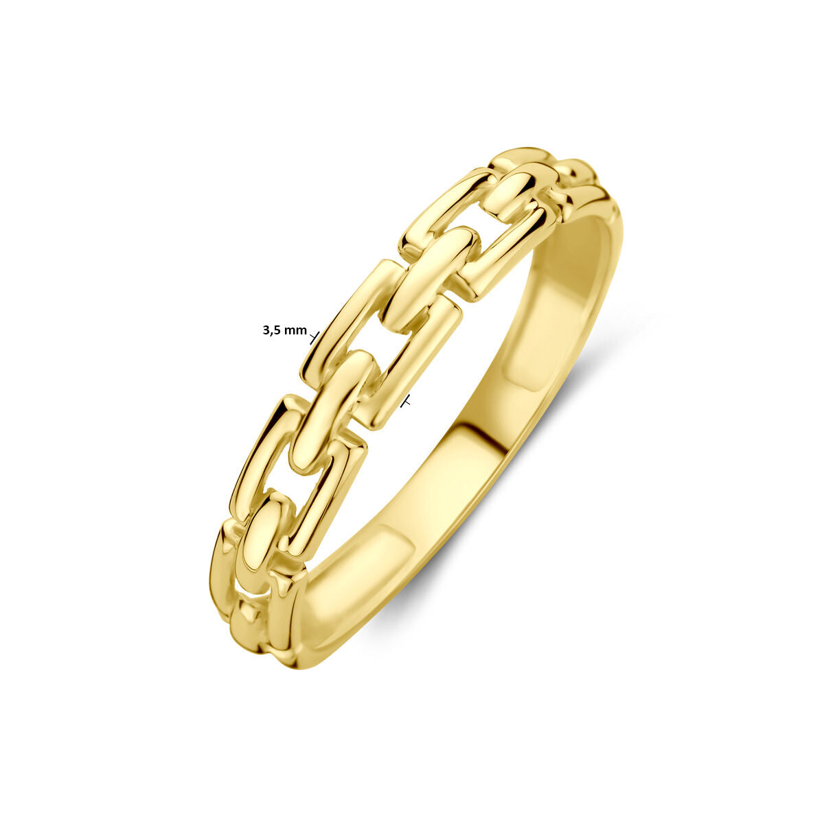 De ring schakel 14K geelgoud van Van der Kooij Collectie heeft een kettingschakel design en een 3,5 mm brede band, afgebeeld tegen een witte achtergrond.