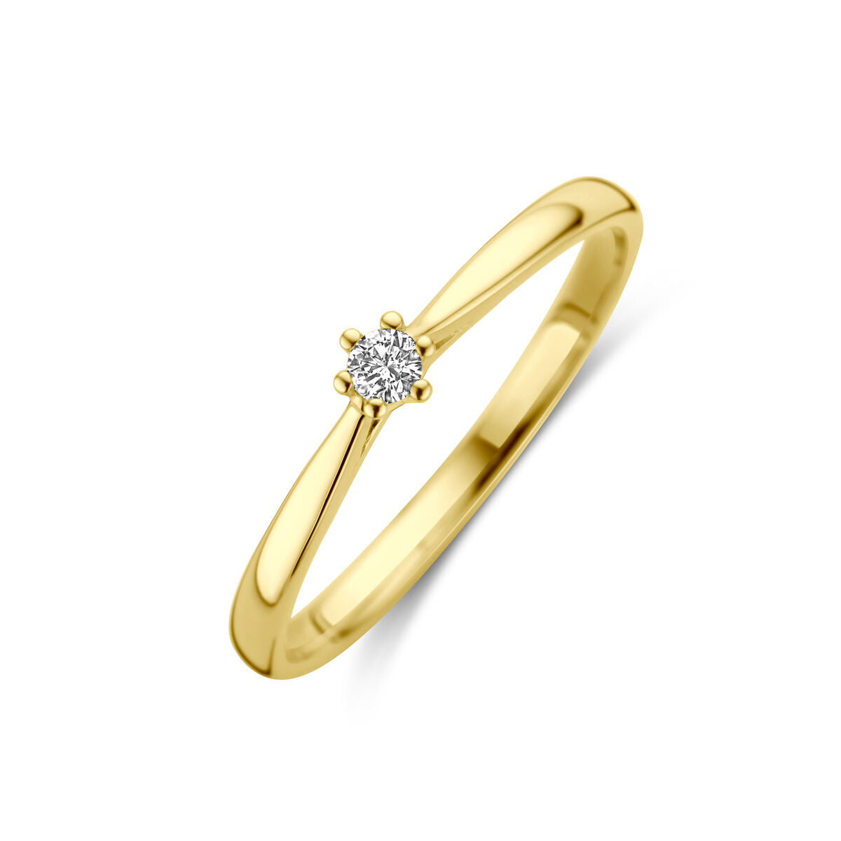 Anillo de oro amarillo de 14K con un diamante de 0.05 ct en engaste de seis garras.