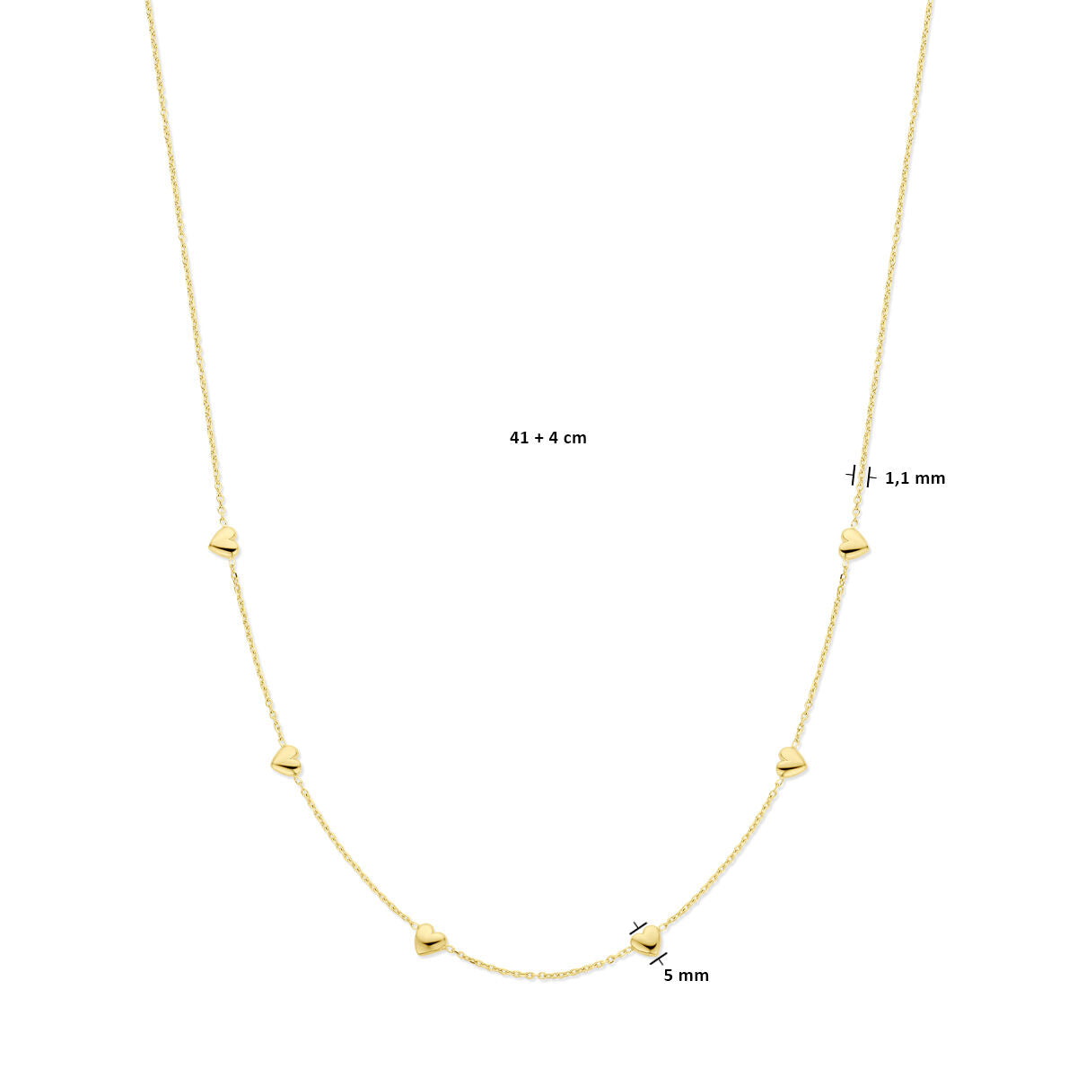 collar de corazones 41 + 4 cm 3 micrones plata chapado en oro amarillo