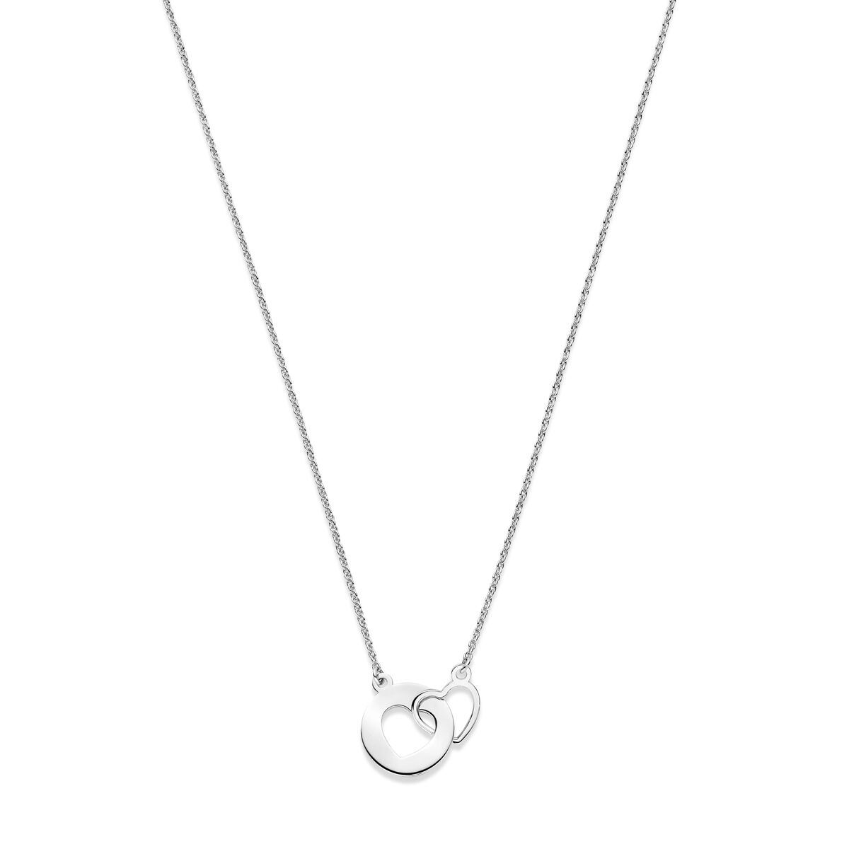 Collar de plata rodiada con dos corazones entrelazados, cadena fina de 41 + 4 cm.