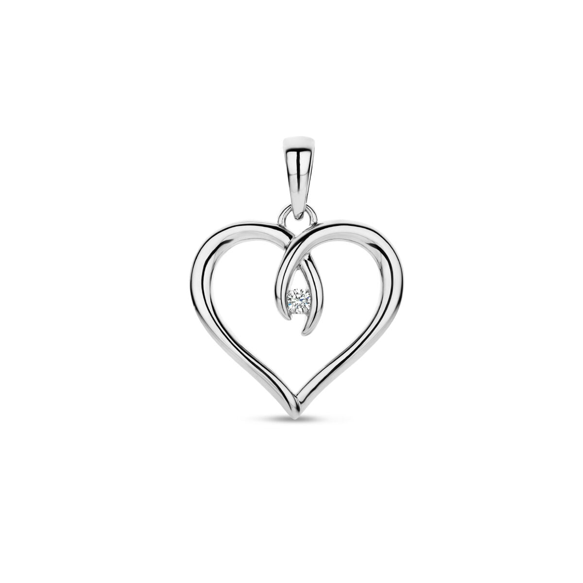 Colgante en forma de corazón de plata rodiada con una zirconia brillante en el centro.