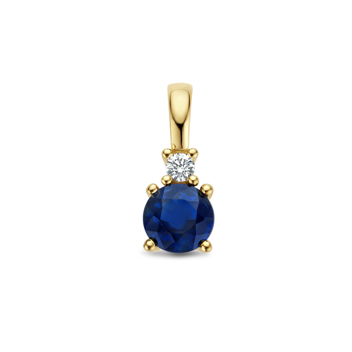 Colgante de oro amarillo de 14K con un zafiro azul y un diamante de 0.02ct.