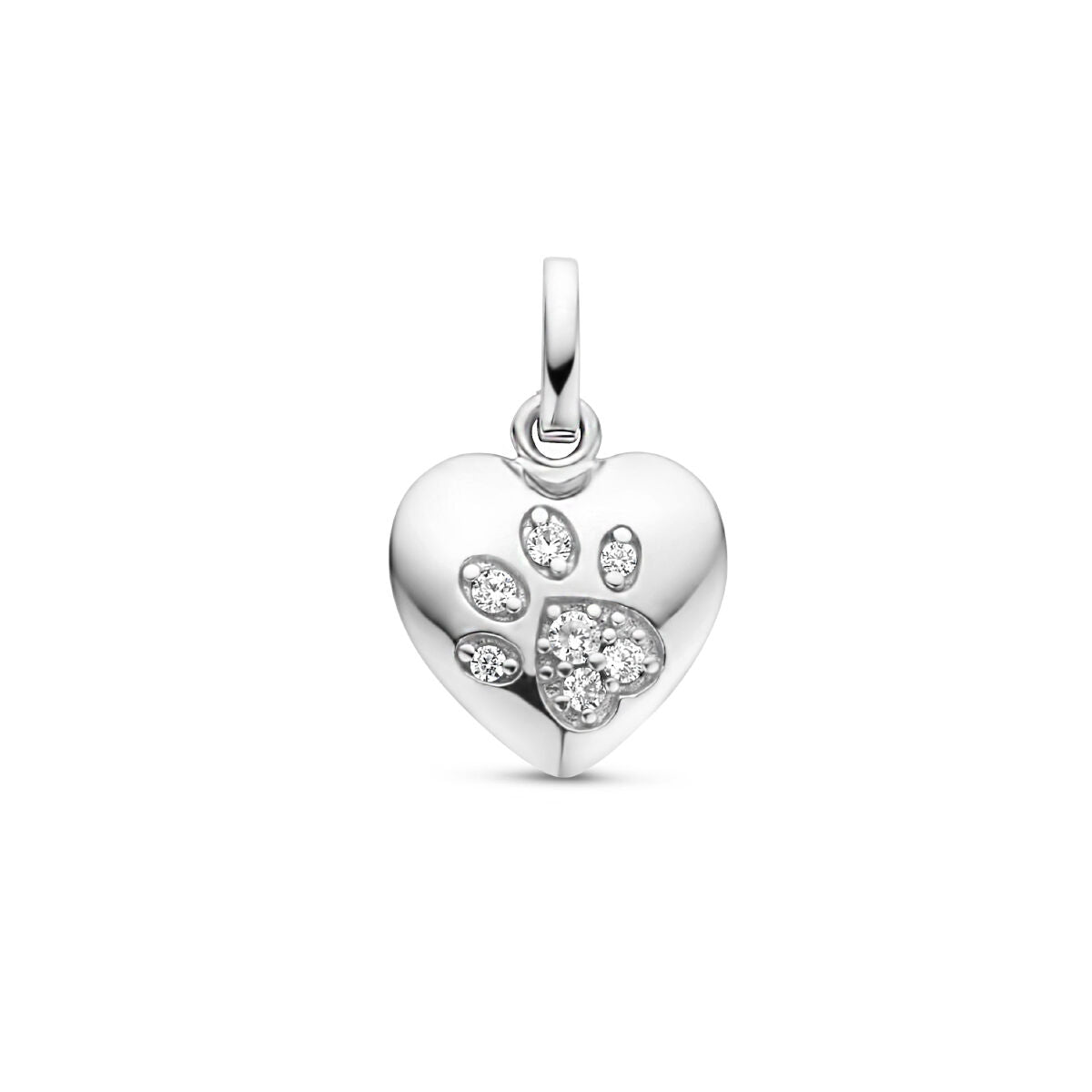 Colgante en forma de corazón con huella de perro, acabado en plata rhodium y detalles de circonitas.