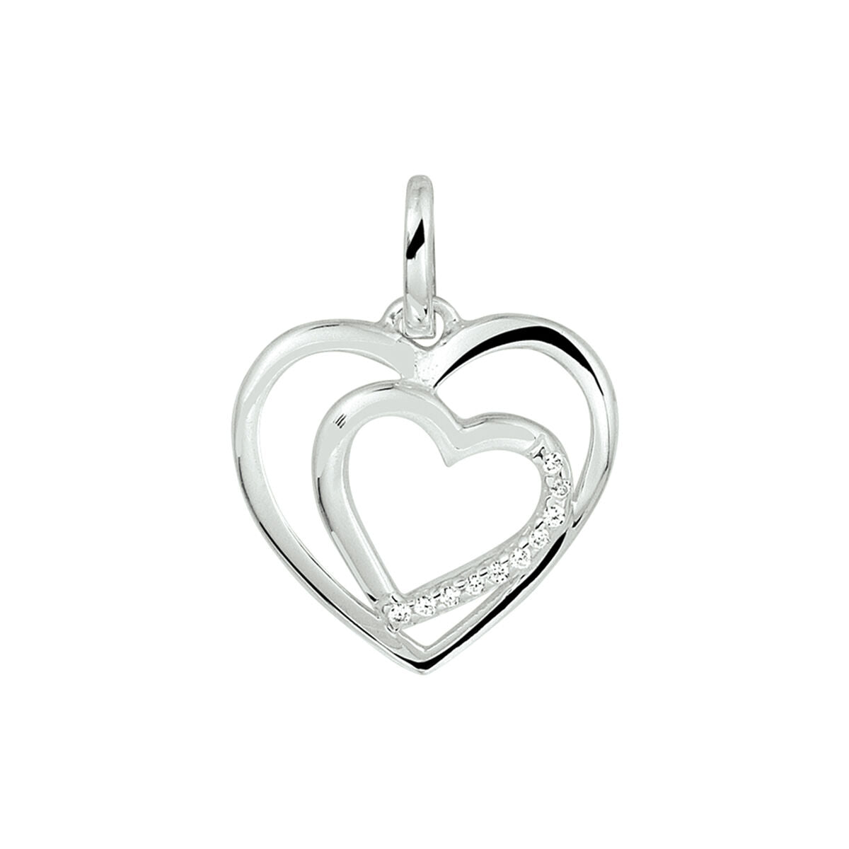 Colgante en forma de corazón de plata rodiada con zircón en el interior.