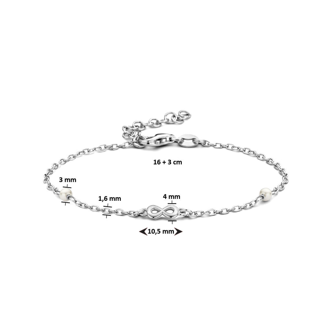 armband synth. parel en infinity 16 + 3 cm zilver gerhodineerd