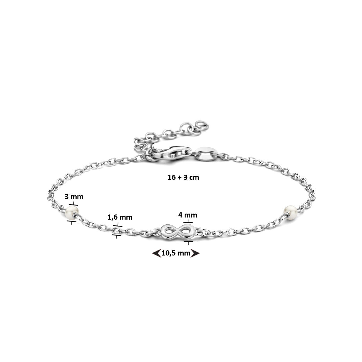pulsera de perla sintética e infinito 16 + 3 cm plata rodiada