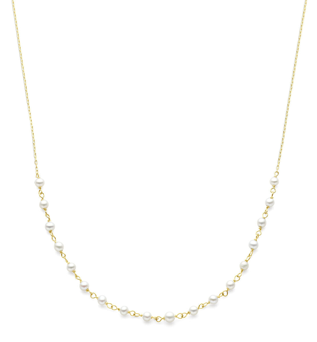 Cadena dorada de 14K con perlas blancas, diseño delicado y elegante.