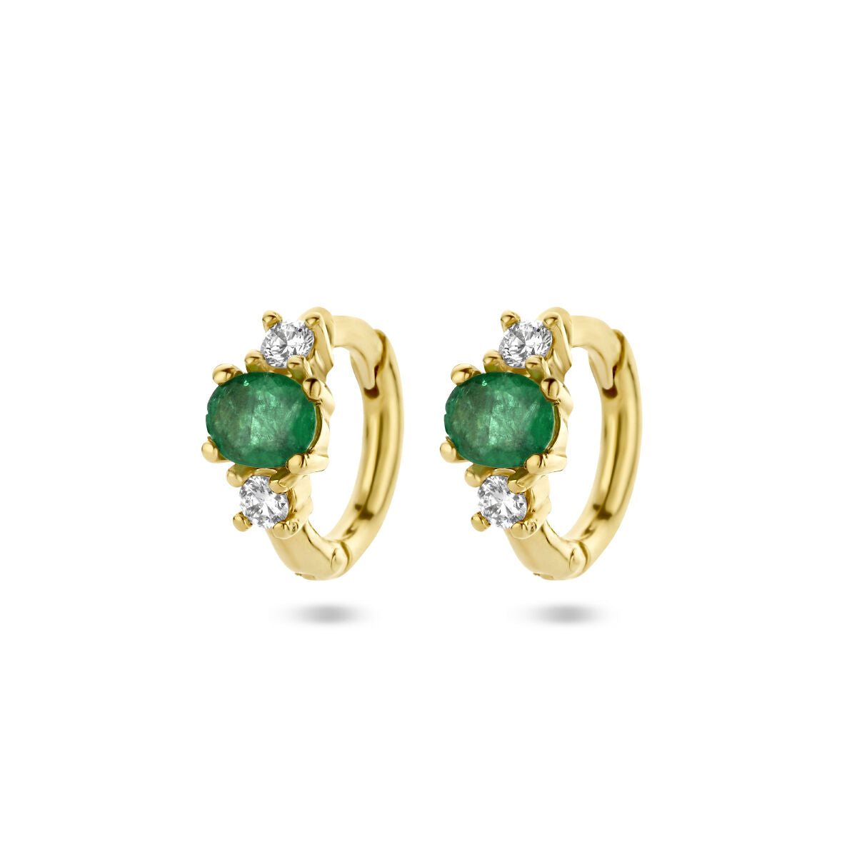 Pendientes de aro en oro amarillo de 14K con esmeraldas y diamantes de 0.10 ct.