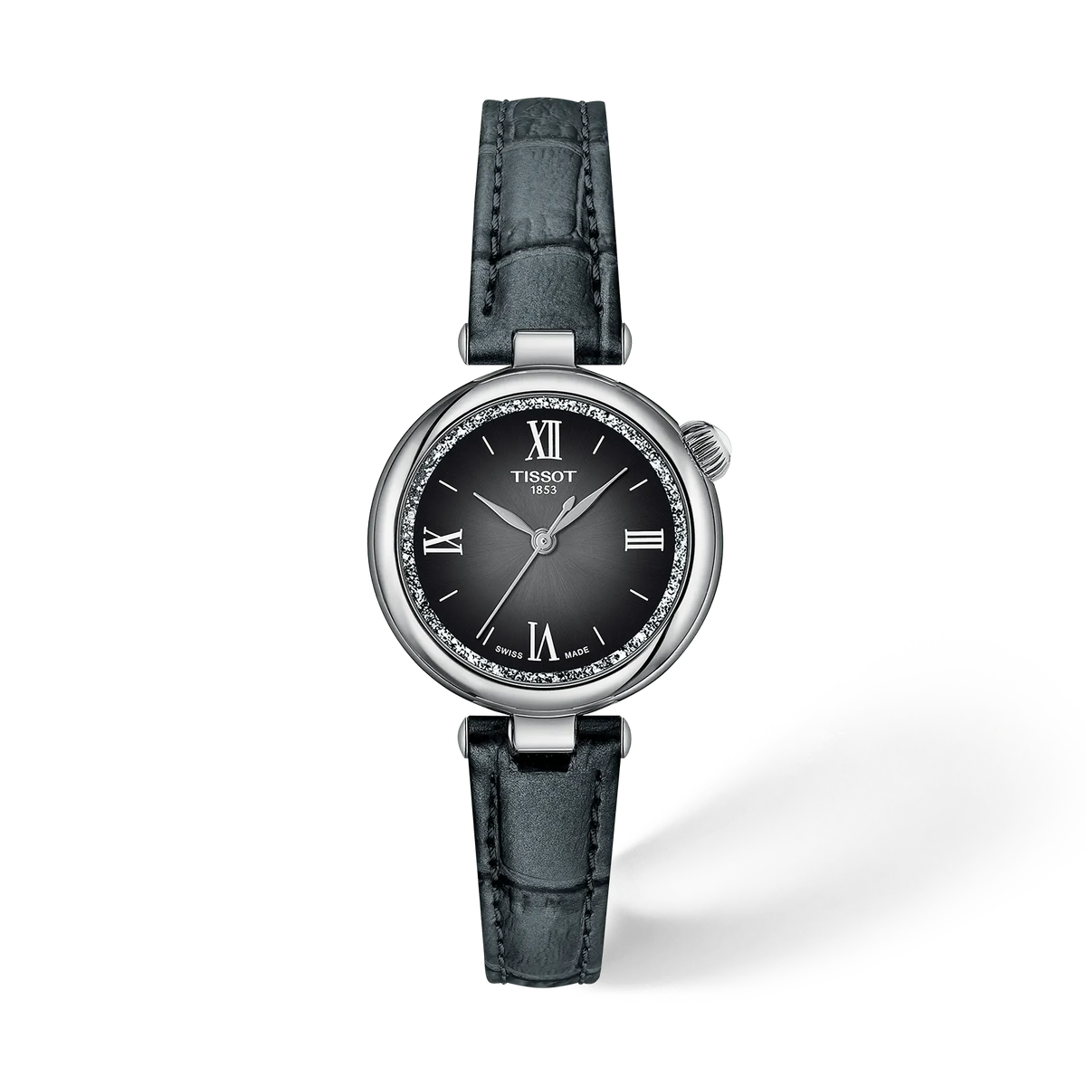 Reloj Tissot de 28 mm con esfera negra, correa de piel gris y detalles plateados.