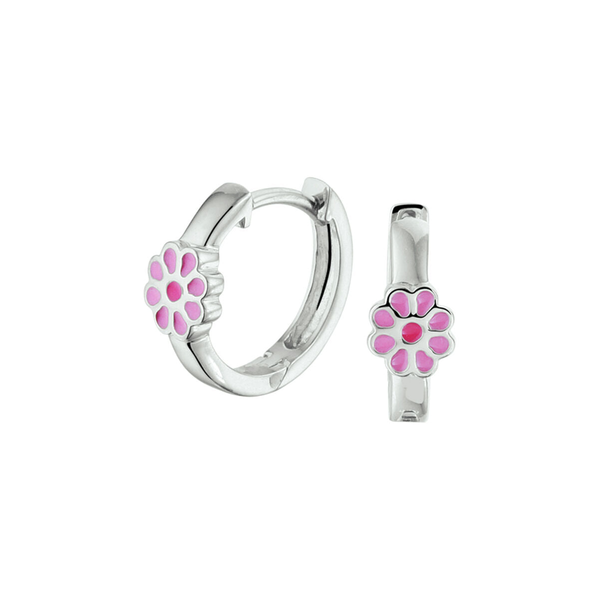 Aros de flor plateados con detalles en esmalte rosa.