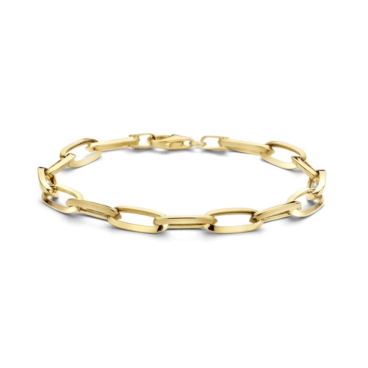 Pulsera dorada de mujer con eslabones en forma de clip de papel y tubo puntiagudo de 14K.