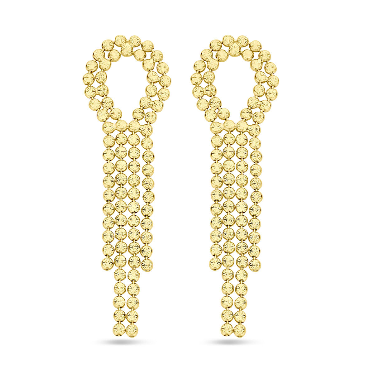Pendientes largos de plata dorada de 1 micrón con diseño de diamantes y forma de gota.