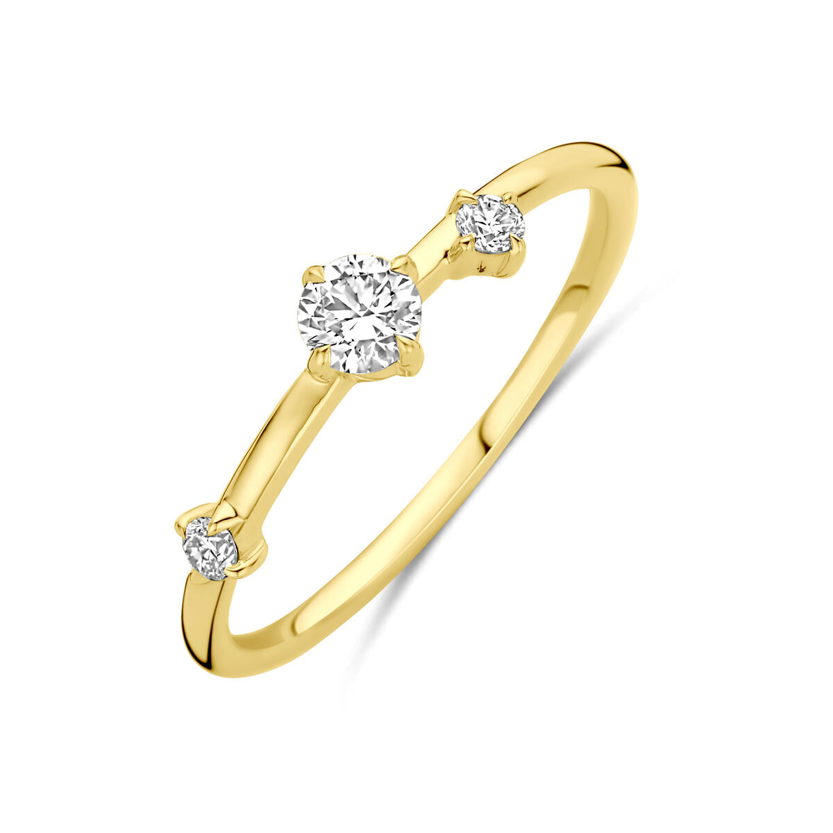Anillo de oro amarillo de 14K con diamante lab-grown de 0.25 ct y dos diamantes pequeños.