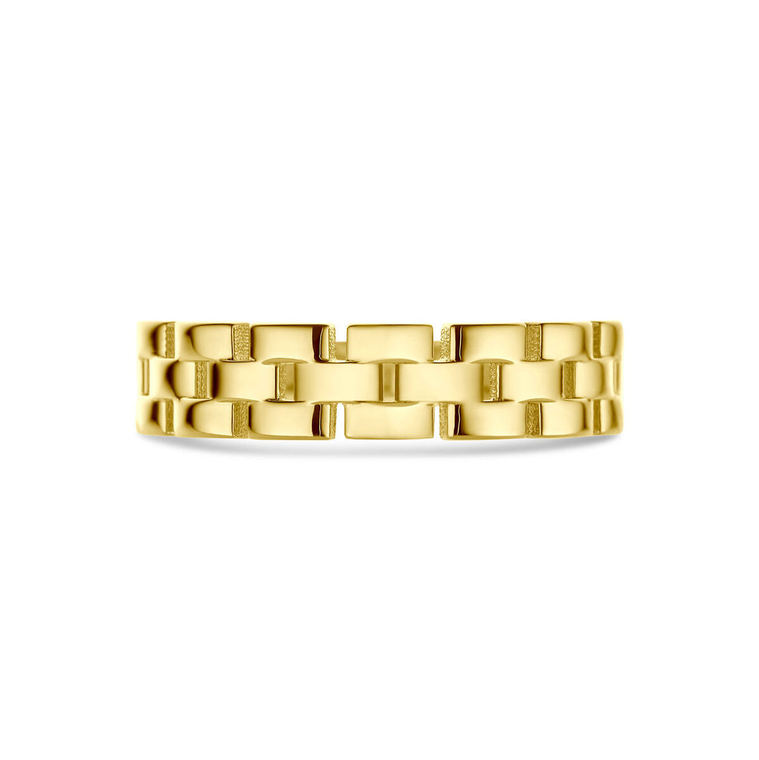 De Van der Kooij Collectie ring schakel 14K geelgoud is een unisex ring met rechthoekig schakelpatroon in gepolijste en getextureerde afwerking, die tijdloze elegantie uitstraalt en te zien is tegen een witte achtergrond.