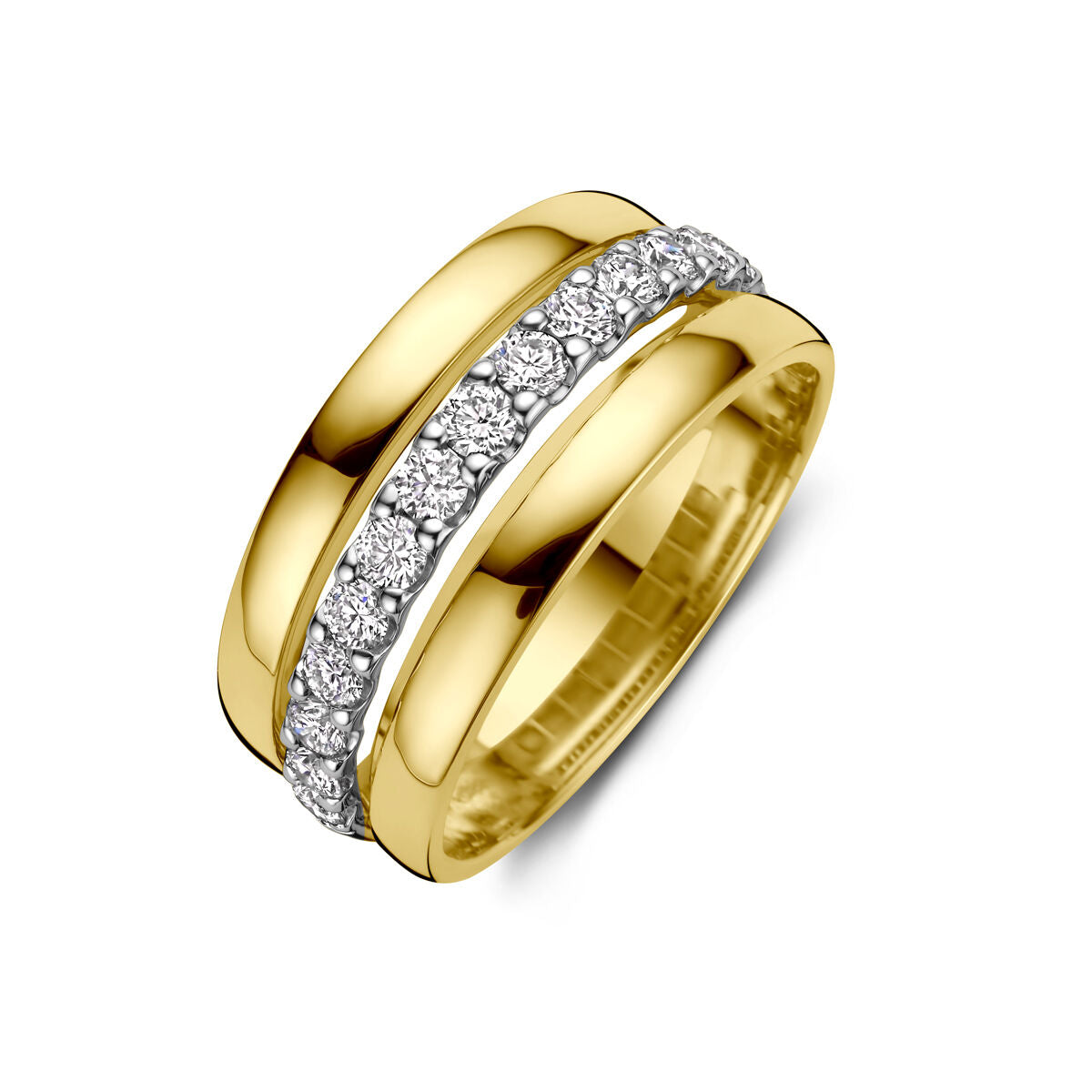 Anillo bicolor de 14k para dama en oro amarillo y blanco, con diamantes brillantes.