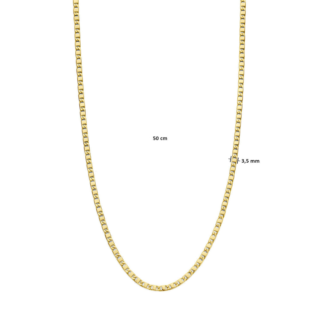 De Gouden ketting heren - collier 3,5 mm 14K van de Van der Kooij Collectie wordt getoond tegen een witte achtergrond; lengte (50 cm) en breedte (3,5 mm) staan in zwarte tekst vermeld.