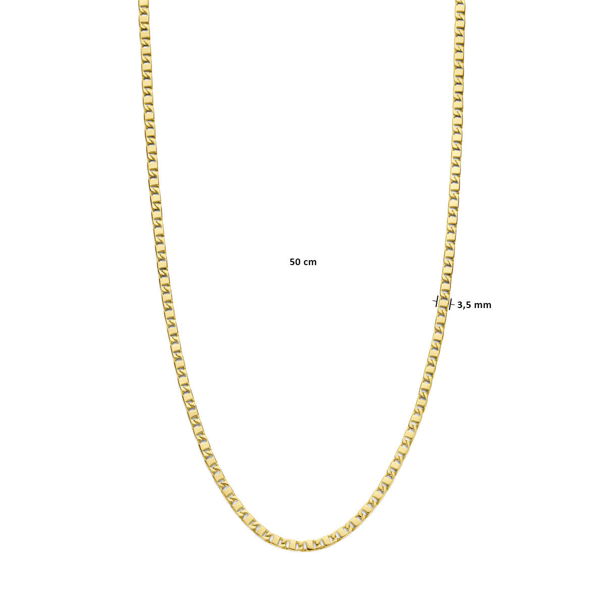 De Gouden ketting heren - collier 3,5 mm 14K van de Van der Kooij Collectie wordt getoond tegen een witte achtergrond; lengte (50 cm) en breedte (3,5 mm) staan in zwarte tekst vermeld.