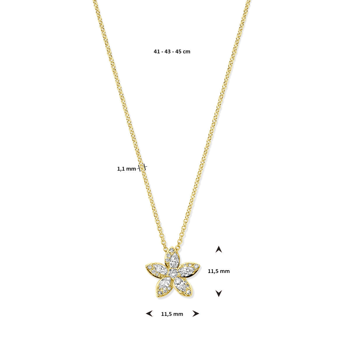 collar flor diamante 0.42ct h si 41 - 43 - 45 cm oro amarillo
