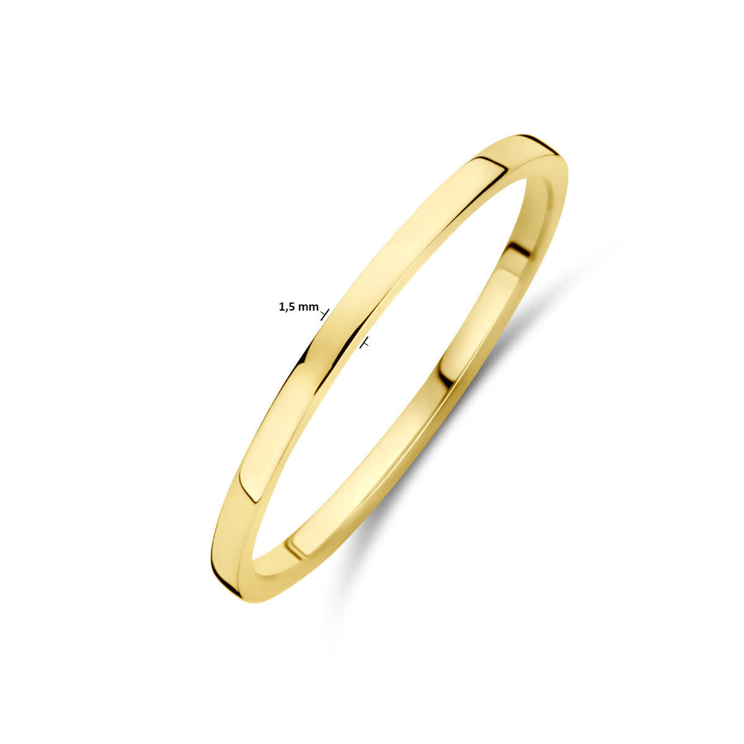 De Van der Kooij Collectie ring 14K geelgoud is een eenvoudige, dunne band van 1,5 mm met een gladde, gepolijste afwerking - ideaal voor dames die klassieke goudkleurige elegantie waarderen.