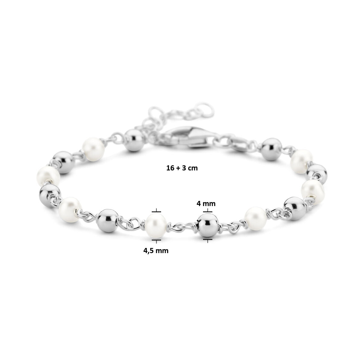 pulsera de perlas y bolitas 16 + 3 cm plata rodiada