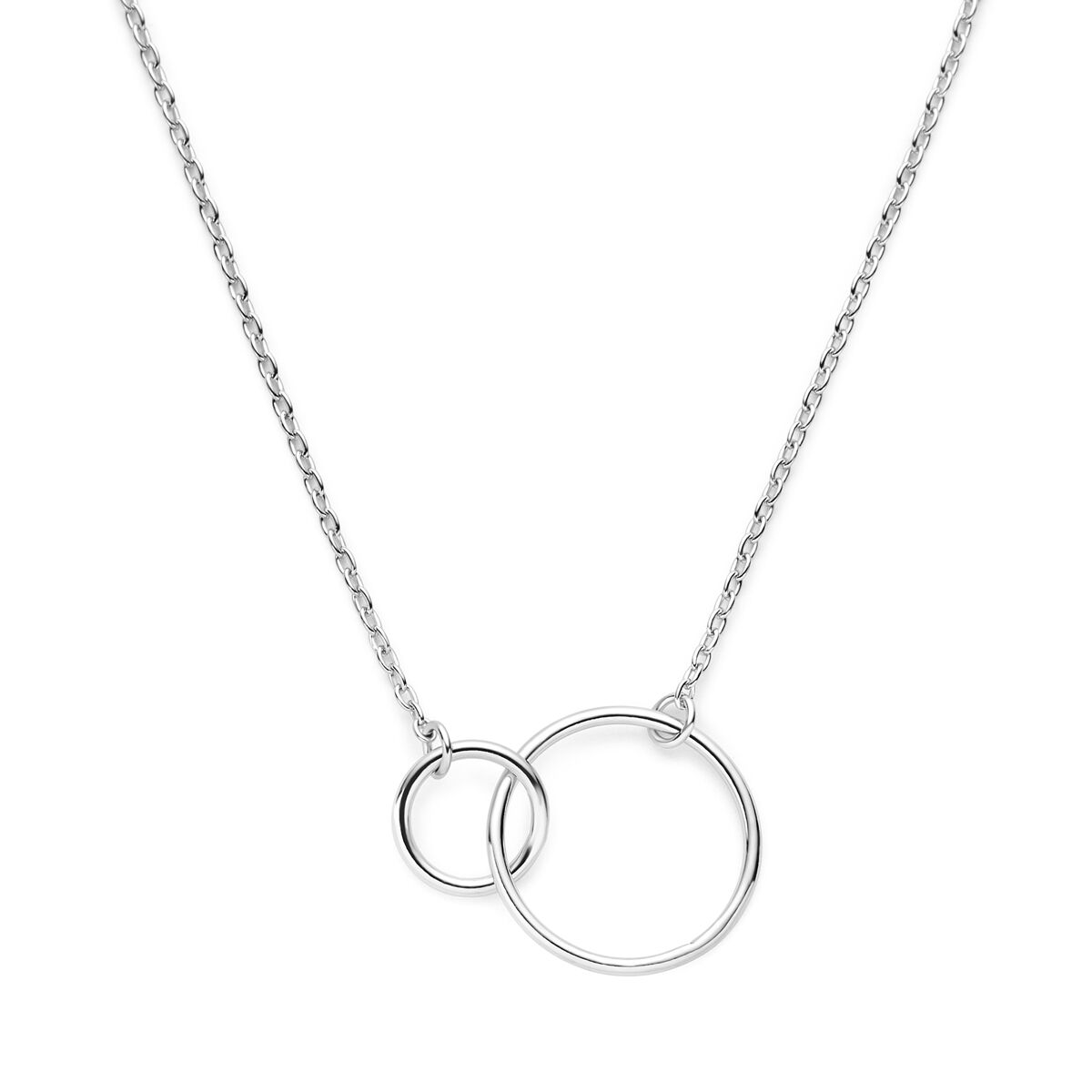Collar de círculos en plata rodiada, con eslabones de cadena y dos aros de diferentes tamaños.