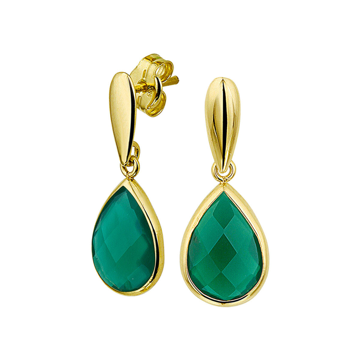 Pendientes largos de ágata verde con acabado en oro amarillo de 14 quilates.