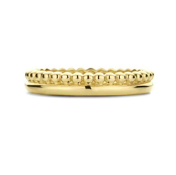 Twee Van der Kooij Collectie ringbolletjes 14K geelgoud op elkaar gestapeld - de ene met een kralenontwerp, de andere glad en gepolijst - beide dames sieraden glanzen met reflecterende glans.