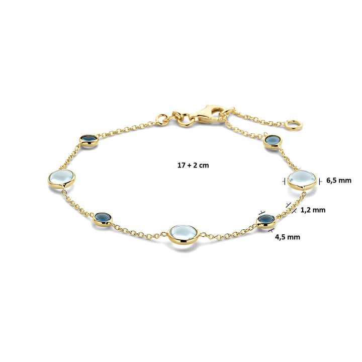 Van der Kooij Collectie 14K gouden armband dames met blauwe en London blauwe topaas, ronde stenen (6,5 mm, 4,5 mm en 1,2 mm), afwisselend gezet. Verstelbare lengte (17 + 2 cm) met karabijnsluiting.