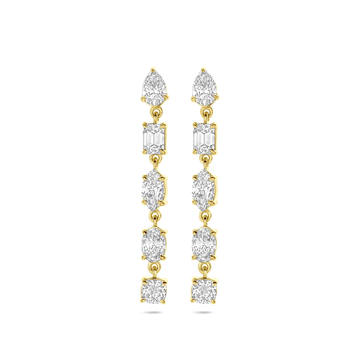 Pendientes largos de diamantes lab-grown de 2.00 ct (2x 1.00 ct) en oro amarillo de 14K, con forma de pera y esmeralda.