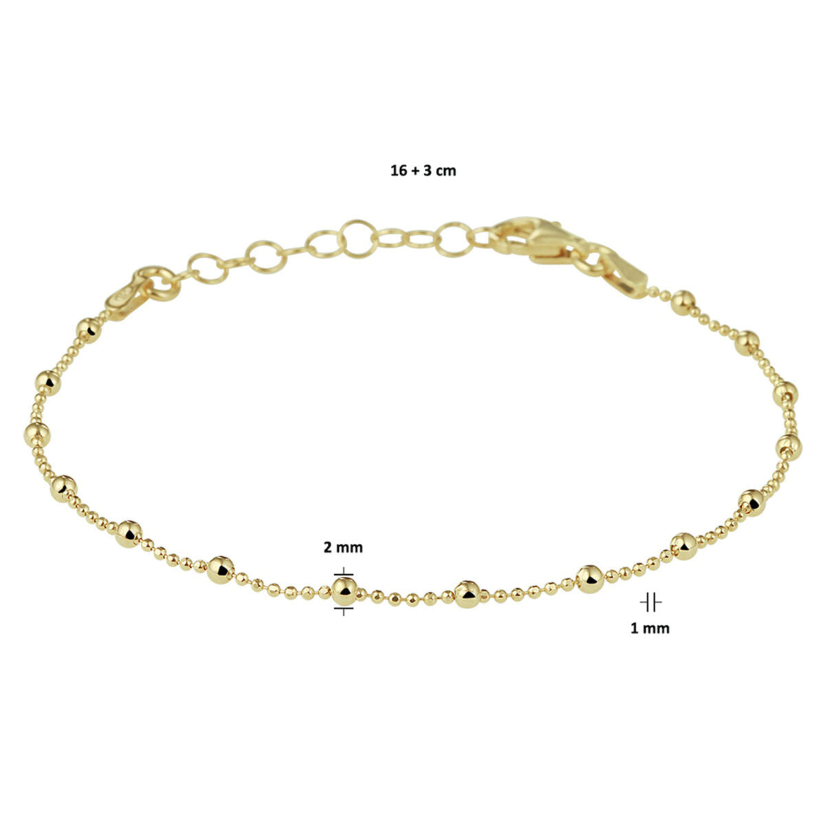 pulsera de bolitas 2,0 mm 16 + 3 cm 3 micrones plata chapado en oro (amarillo)