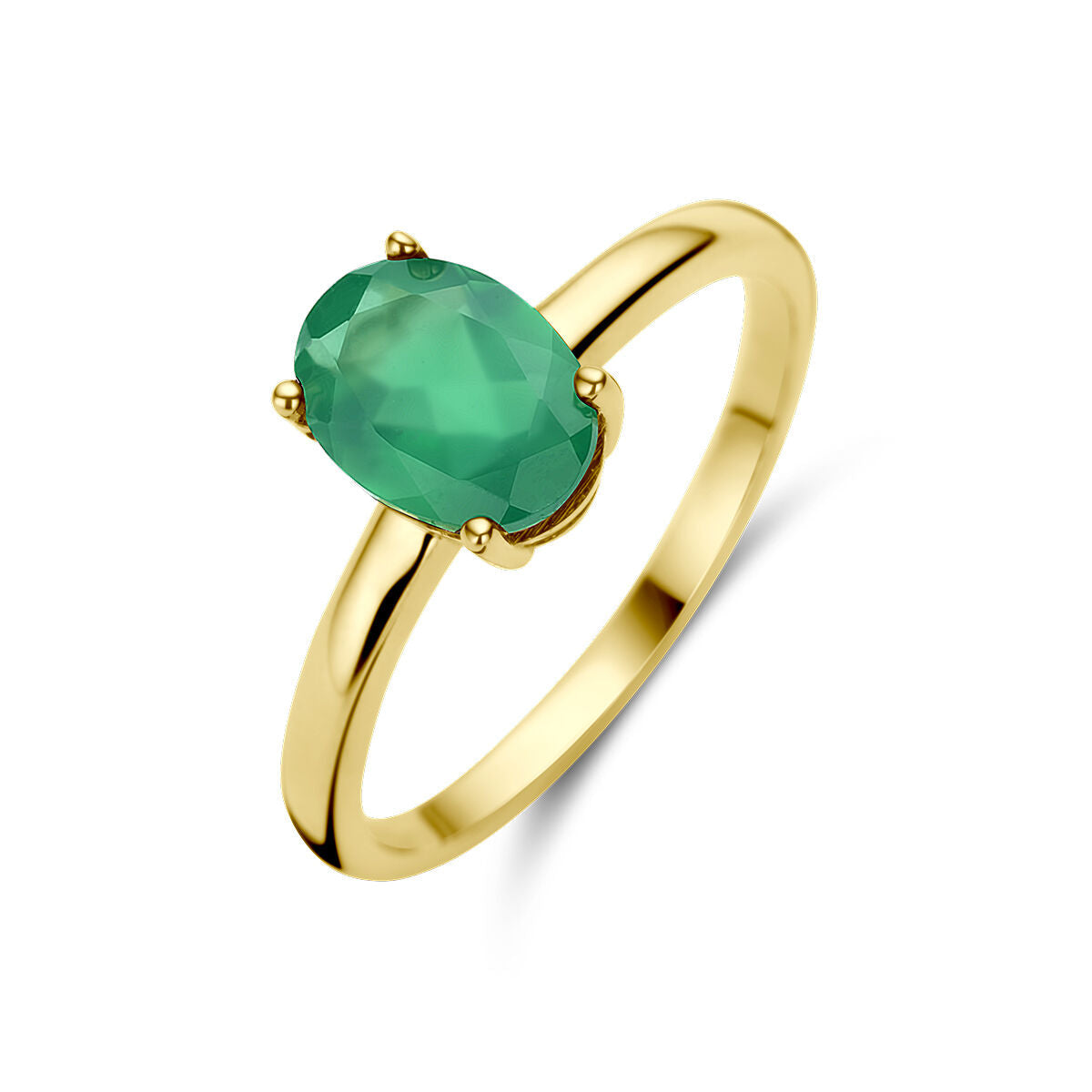 Anillo de oro amarillo de 14K con piedra de ágata verde ovalada.