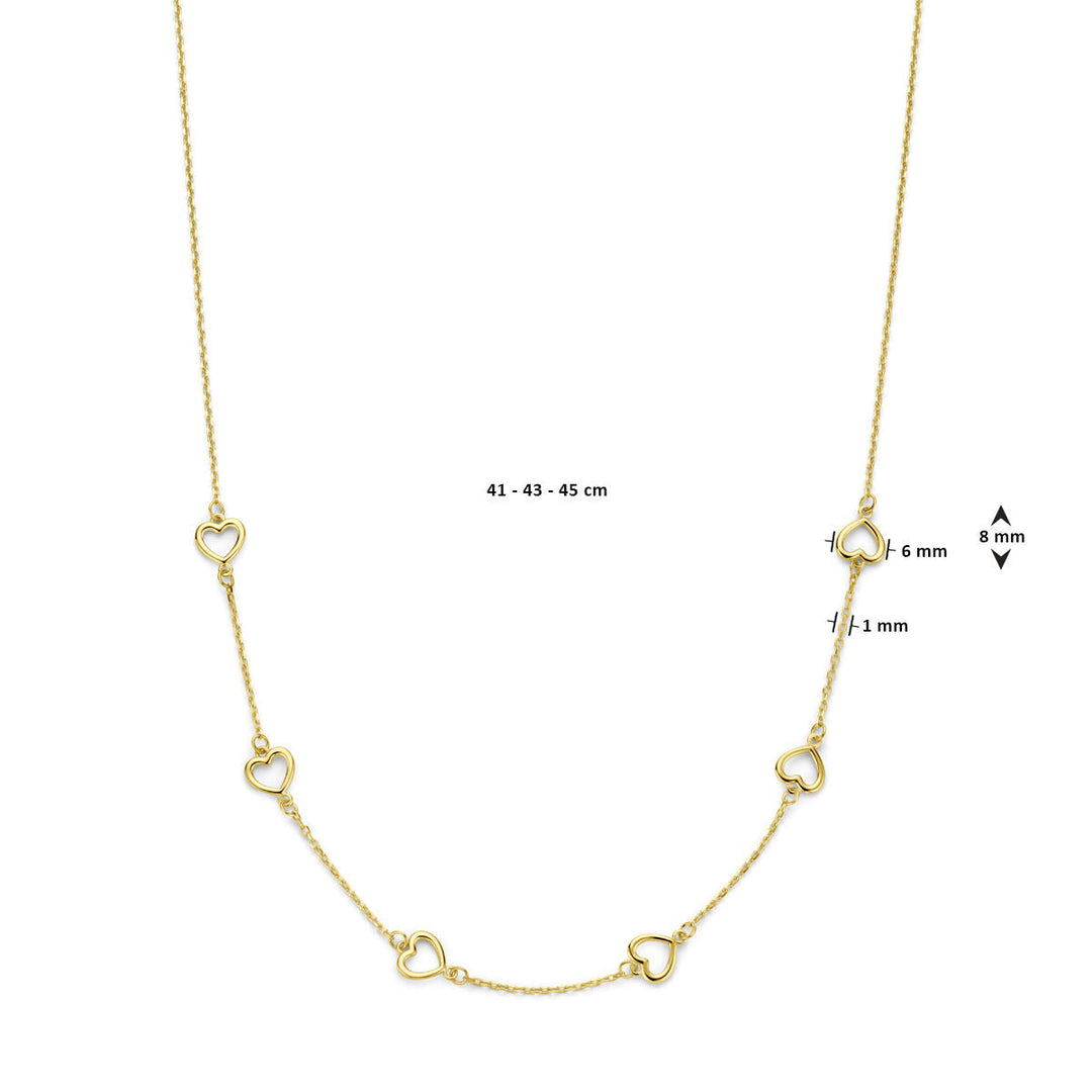 Gouden dames ketting hartjes 14K van Van der Kooij Collectie met vijf open hartjes, gelijkmatig verdeeld over een verstelbare ketting van 41-45 cm. Elk hart bedeltje is 8 mm breed, 6 mm hoog en 1 mm dik.