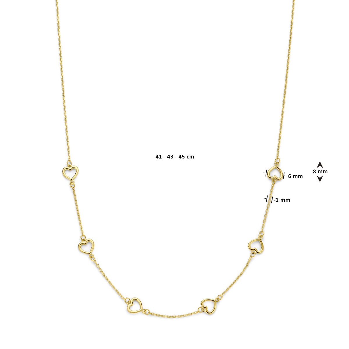 Gouden dames ketting hartjes 14K van Van der Kooij Collectie met vijf open hartjes, gelijkmatig verdeeld over een verstelbare ketting van 41-45 cm. Elk hart bedeltje is 8 mm breed, 6 mm hoog en 1 mm dik.