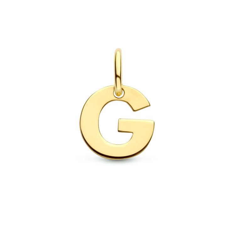 De Van der Kooij Collectie hangerletter 14K geelgoud is een hanger in de vorm van een hoofdletter G, met een lus aan de bovenkant om hem aan een ketting te bevestigen, afgebeeld op een witte achtergrond.