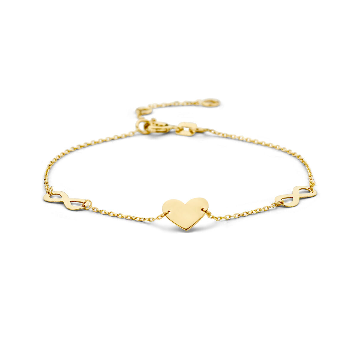Pulsera dorada de 14K con un corazón y símbolo de infinito en el centro.