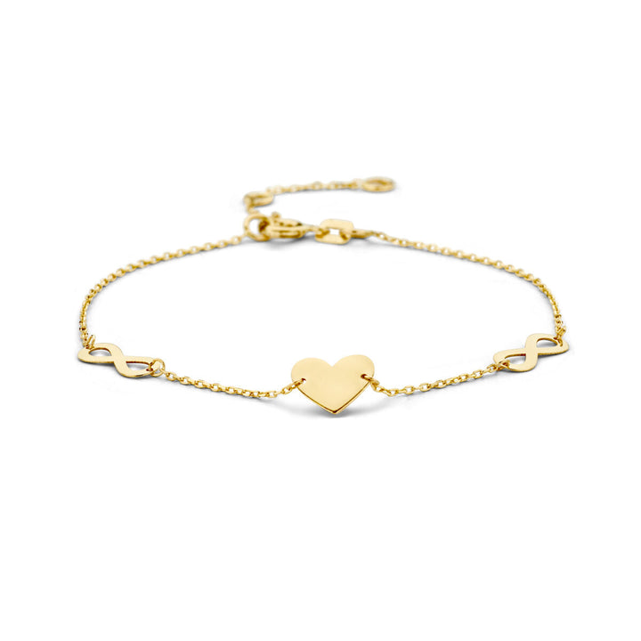 De Gouden armband dames hart en infinity 14K uit de Van der Kooij Collectie heeft een hartvormige bedel en twee infinity symbolen-het perfecte Valentijn cadeau, afgebeeld op een witte achtergrond.