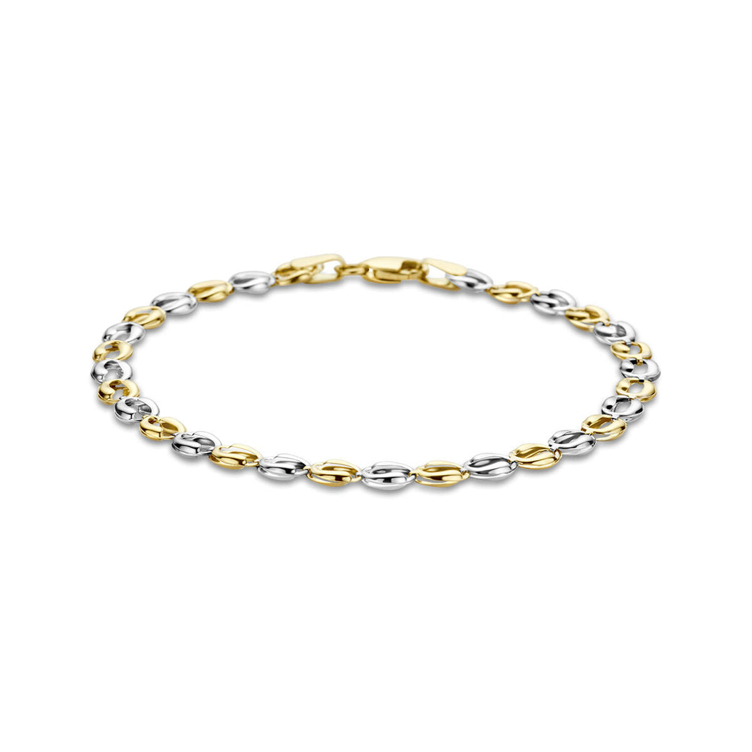 De Van der Kooij Collectie Gouden armband dames 14K bicolor heeft elegante afwisselend gouden en zilveren ovale schakels, prachtig weergegeven op een witte achtergrond.