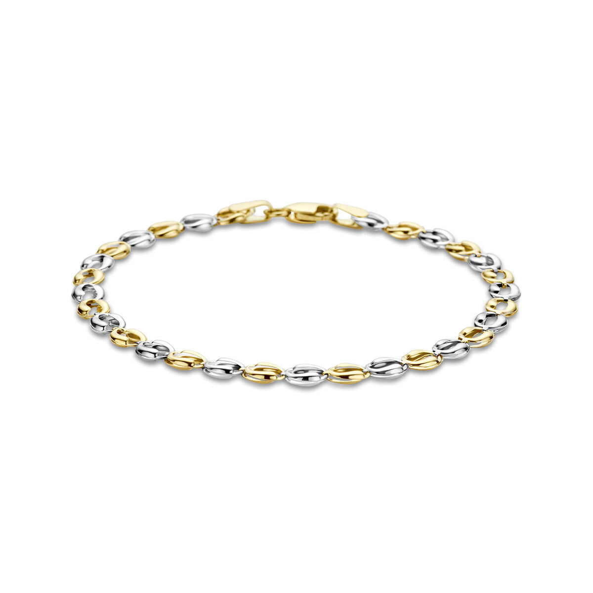 Pulsera bicolor de 14K, con eslabones alternos dorados y plateados.