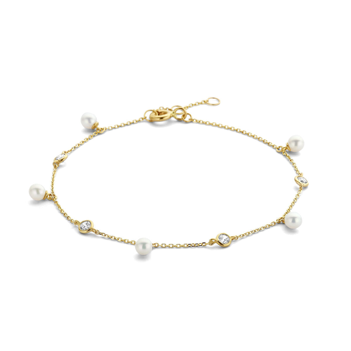 Pulsera de perlas y circonitas en oro amarillo de 14K, con eslabones delicados y cierre de langosta.