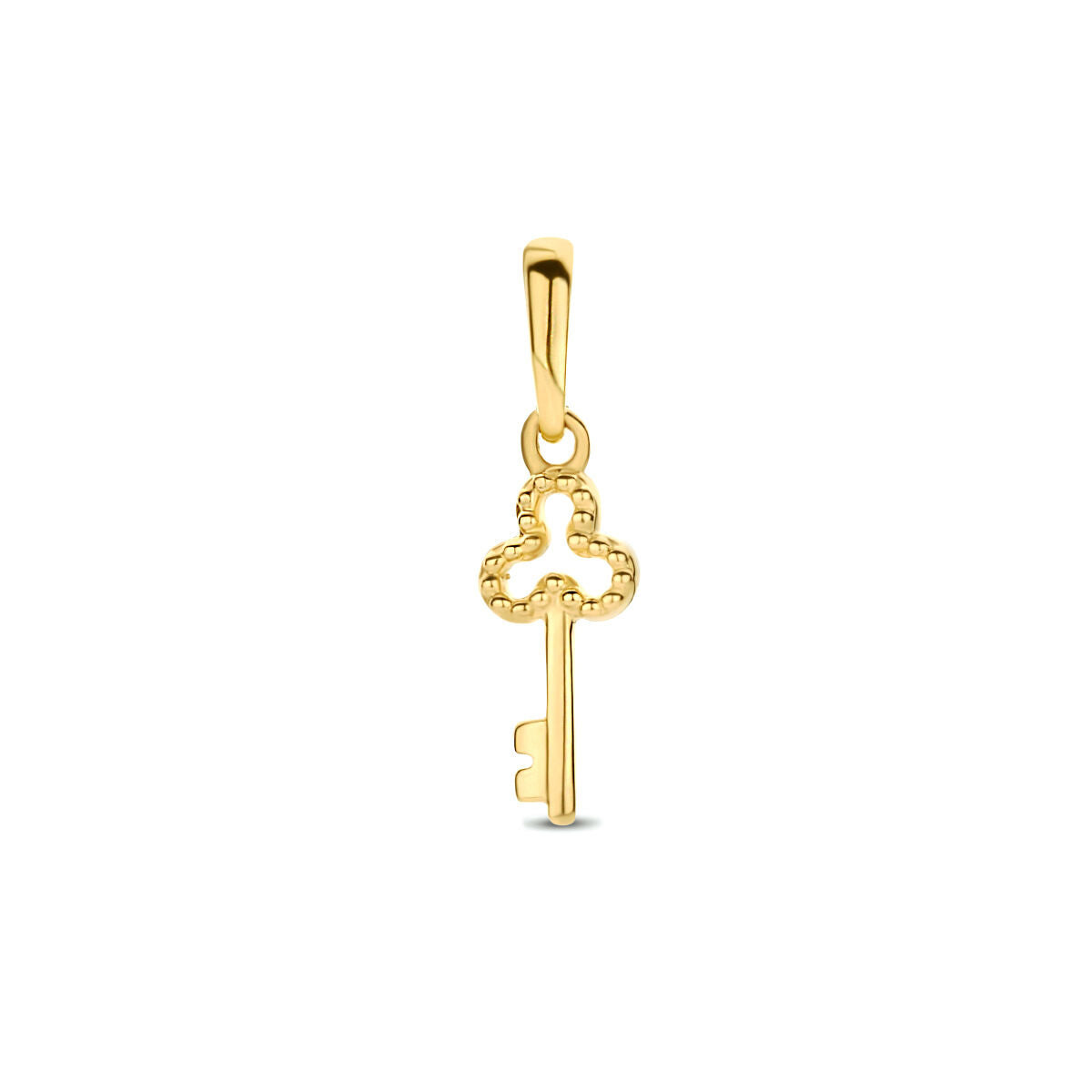 Colgante en forma de llave de oro amarillo de 14 quilates con detalles brillantes.